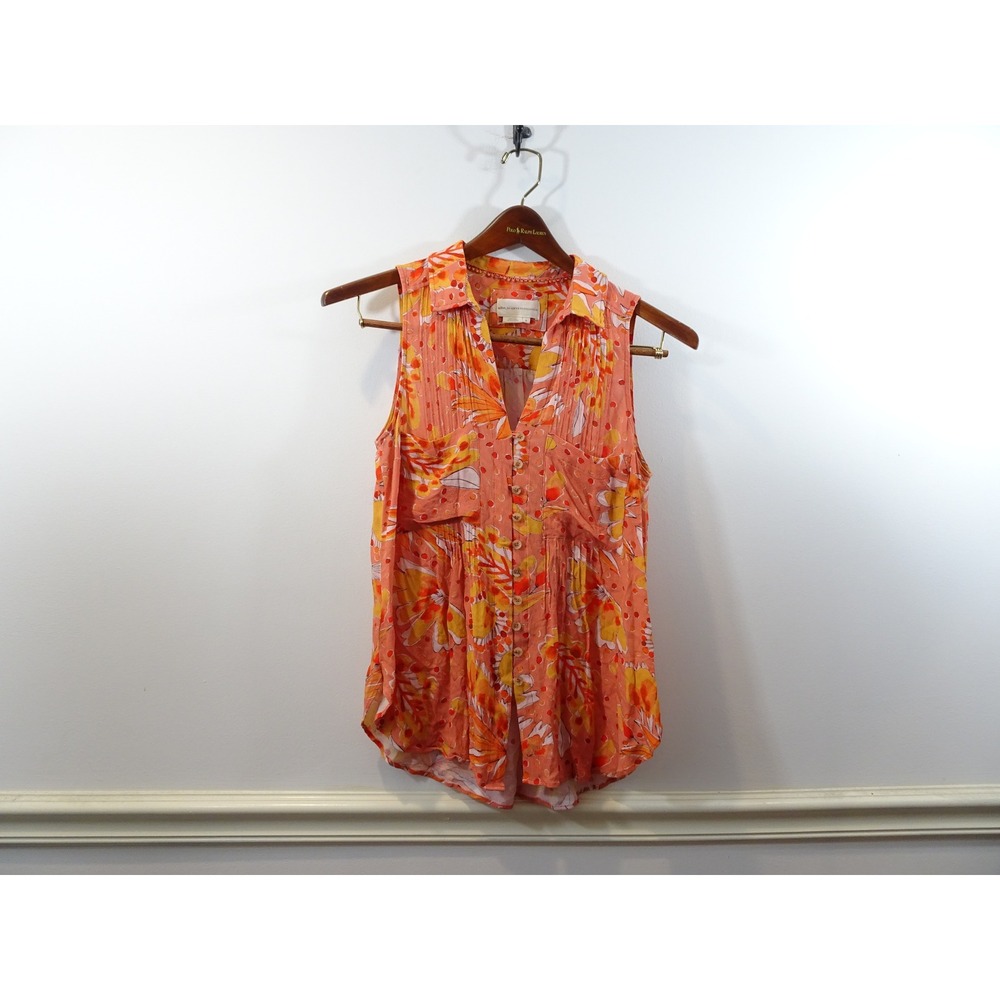 Vera for Anthropologie Orange Floral Polka Dot Sleeveless Blouse Top Medium